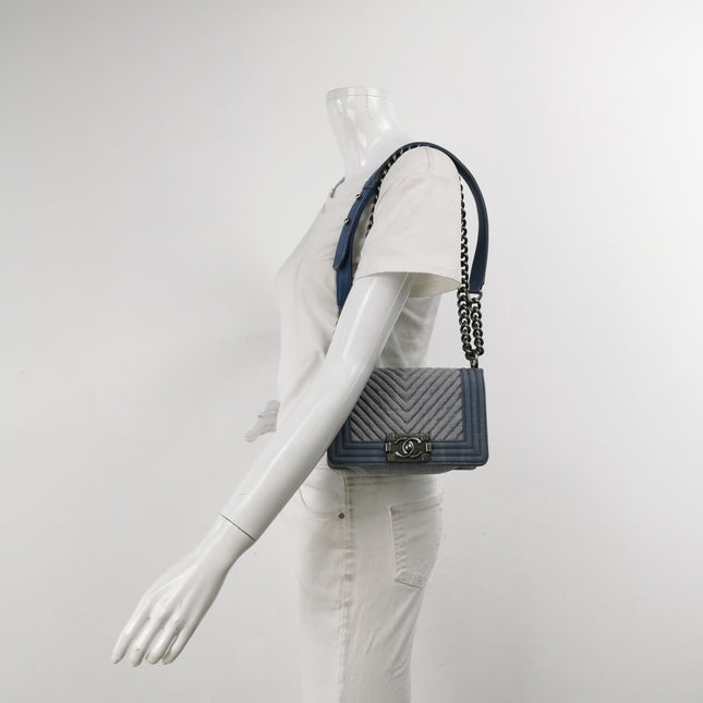 Chanel Le Boy Small Denim Blue Jeans Chevron Stitching Silver Hardware