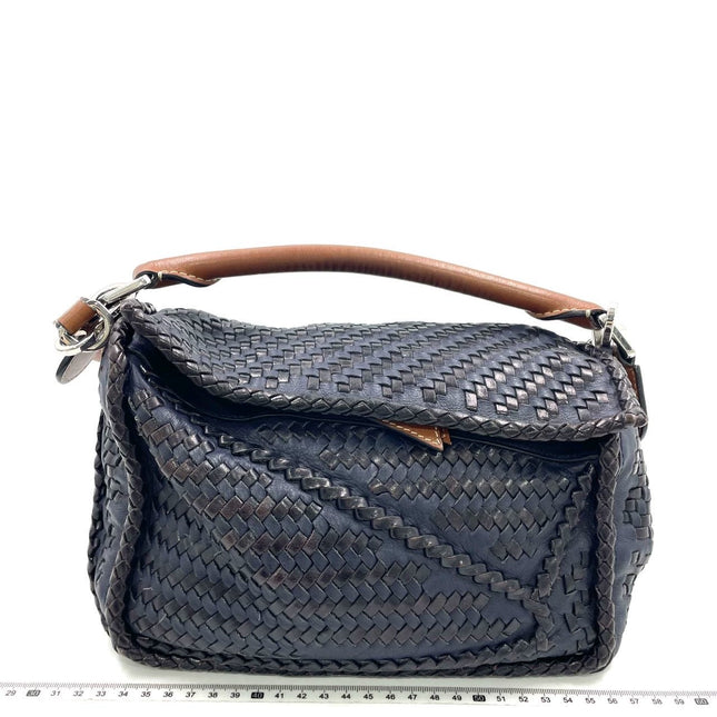 Loewe Puzzle Small Leather Woven Braided Navy Crossbody Bag-Luxbags