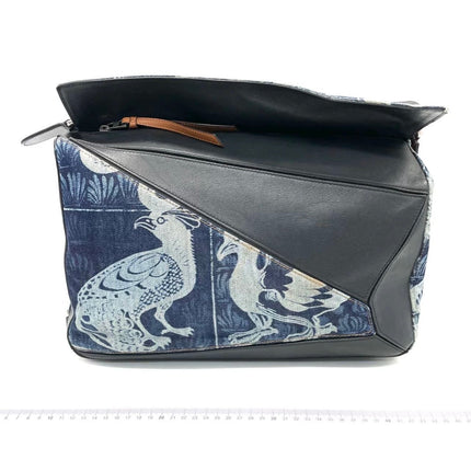 Loewe Puzzle Large Navy Leather and Denim Bird Print-Luxbags