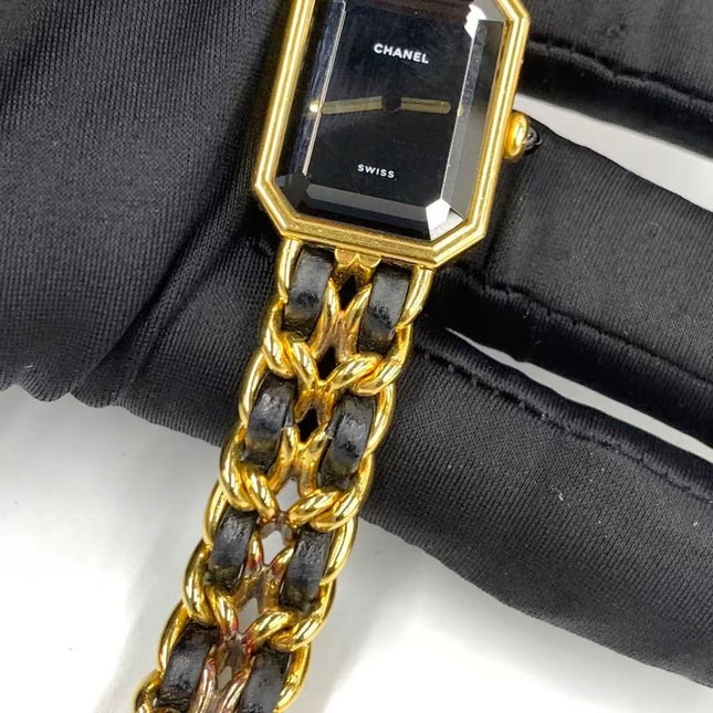 CHANEL Vintage PREMIERE Watch Small Black Leather and 24KT Yellow Gold Plated