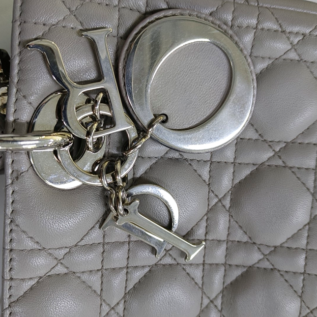 Lady Dior Medium Grey Lambskin Leather Silver Hardware Leather Strap