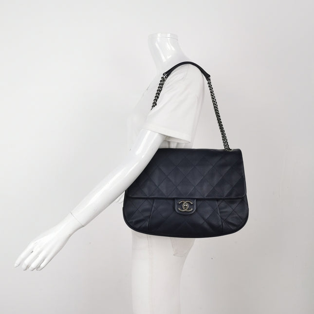 Chanel Large Single Flap Navy Calfskin Leather Cannage Stitch Silver Hardware 2012
