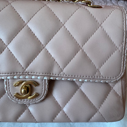 Chanel Classic Flap Medium Happy Stitch Pink Leather with Contrast White Trim