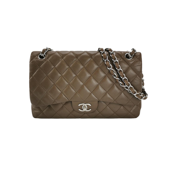 Chanel Classic Flap Jumbo 2012 Coffee Brown Caviar Leather Double Flap Silver Hardware