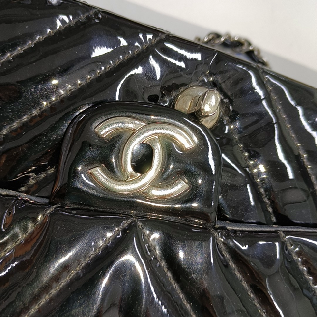 Sold Chanel Baguette Flap Shoulder Bag Chevron Black Patent Leather Silver Double Chain