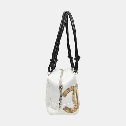 Chanel Cambon Medium Shoulder Bag White Calfskin Leather Snake-skin CC Logo Black Double Strap
