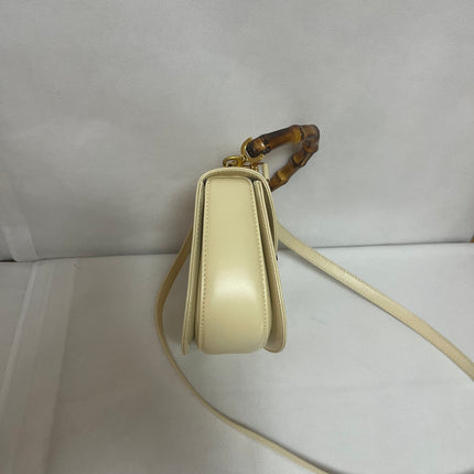 Gucci Bamboo 1947 Vintage Small White Box Leather Top Handle and Leather Strap Bag
