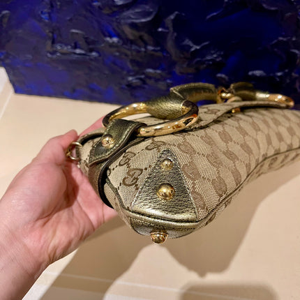 Sold Gucci Horsebit 1955 Large Cloth Beige Monogram Gold Leather Shoulder bag