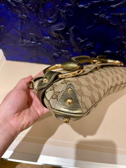 Sold Gucci Horsebit 1955 Large Cloth Beige Monogram Gold Leather Shoulder bag