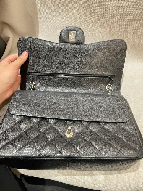 Chanel Classic Flap Jumbo 2012 Black Caviar Leather Double Flap Silver Hardware