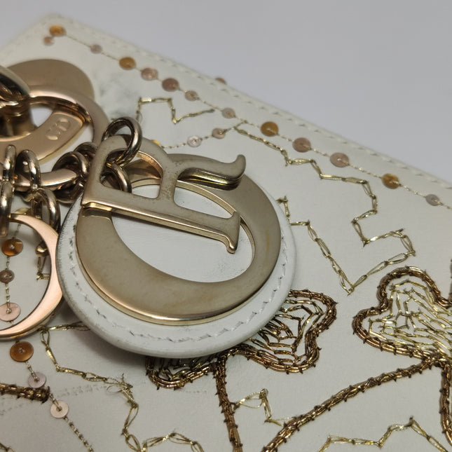 Lady Dior Mini 2018 Embroidered White Calfskin Leather Gold Beads Crossbody Bag