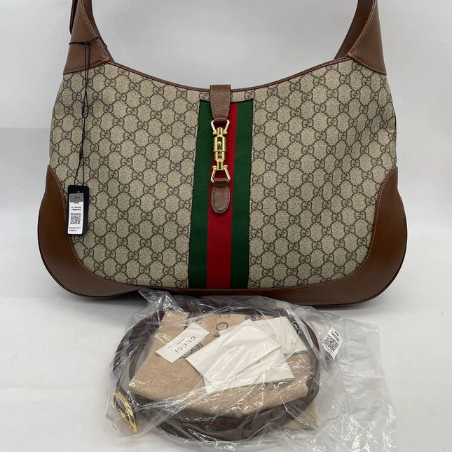 Gucci Jackie 1961 Large Brown Leather and Monogram Web with Long Strap