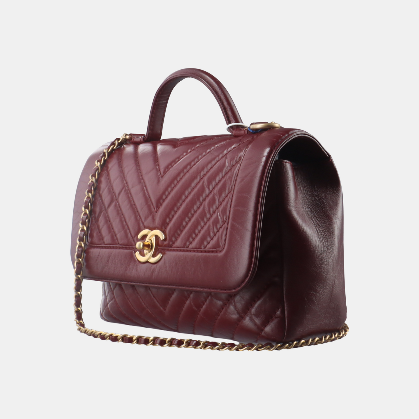 Chanel Top Handle Chevron Flap Bag Mini Burgundy Calfskin Leather, 2017