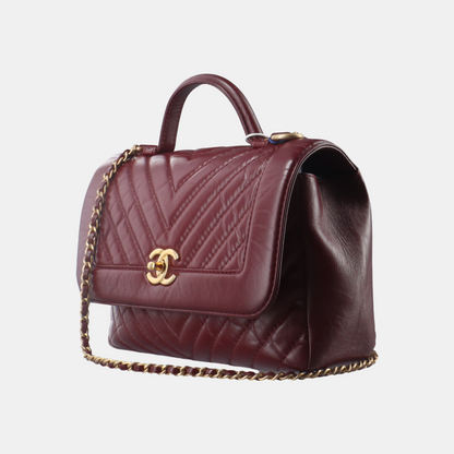 Chanel Top Handle Chevron Flap Bag Mini Burgundy Calfskin Leather, 2017