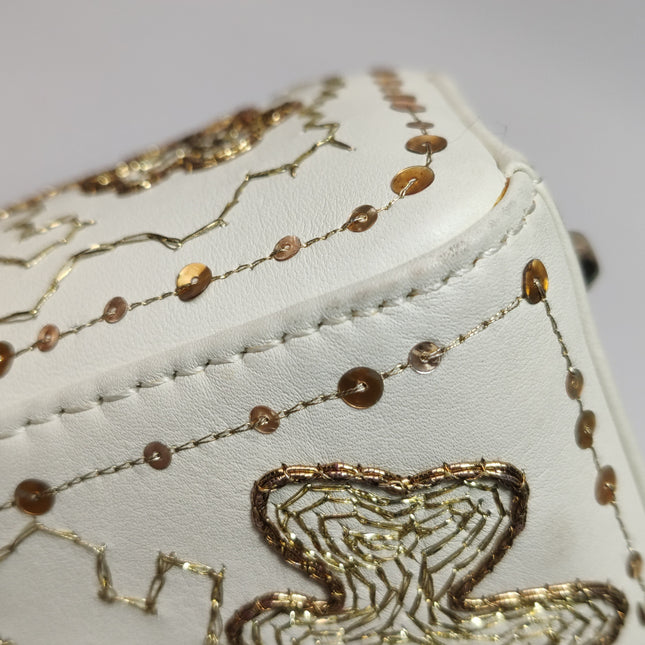 Lady Dior Mini 2018 Embroidered White Calfskin Leather Gold Beads Crossbody Bag