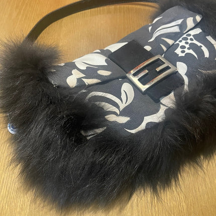 Fendi Baguette Black Print Fabric and Furry Shoulder Bag