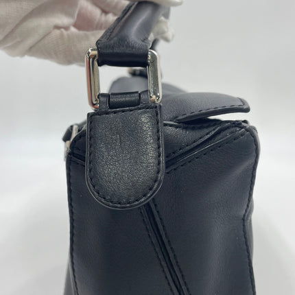 Loewe Puzzle Small Black Smooth Leather White Logo With Metal Feet