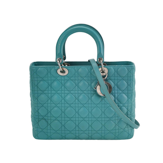 Lady Dior Large Bag Teal Blue Lambskin Cannage Leather-Luxbags