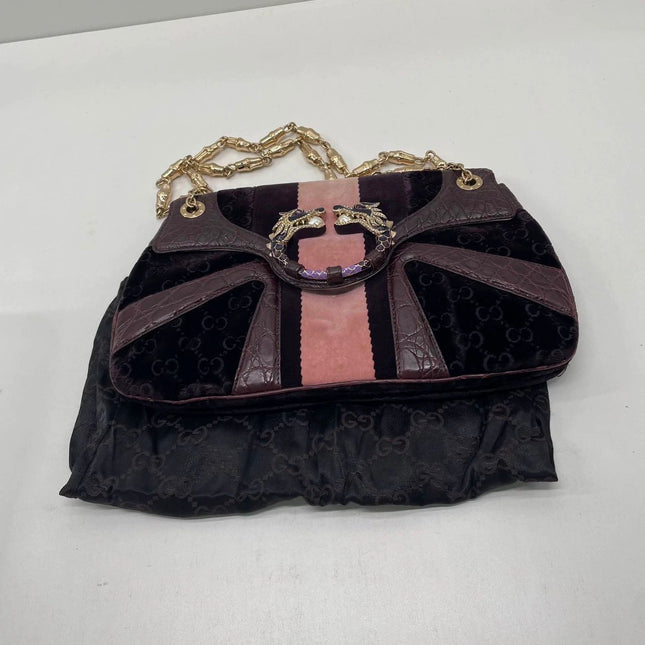 Gucci Jeweled Dragon Bag Purple Crocodile and GG Velvet Bamboo Chain Strap Shoulder Bag