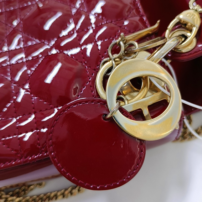 Lady Dior Mini Handbag Burgundy Red Patent Leather Gold-tone Chain Strap