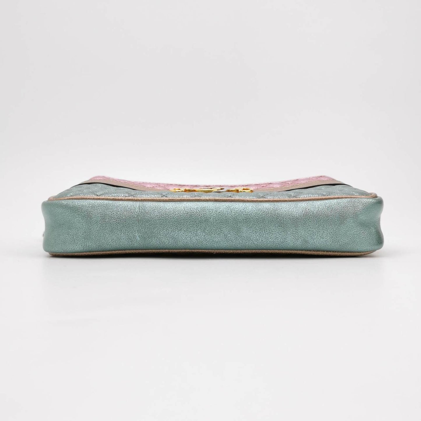 Sold Gucci Pink Teal Mini Metallic Laminated Trapuntata Leather Horsebit Clutch