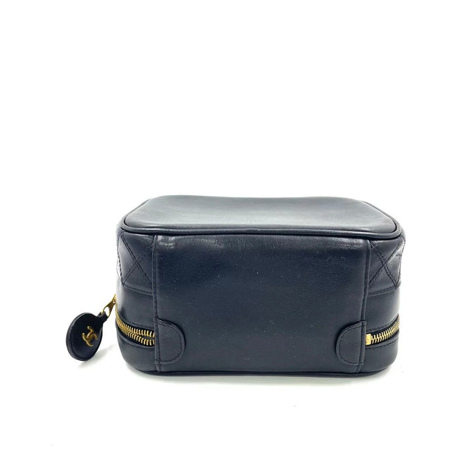 Chanel Vanity Case 1991-1994 Calfksin Leather Black Zip Opening Makeup Bag