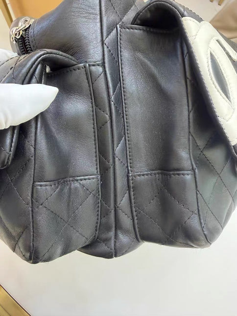 Chanel Cambon Multi-pocket Ligne Reporter Bag Large Black Calfskin Leather White Logo