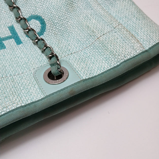 Chanel Deauville Tote Light Blue Cloth Leather Chain Handle Small 34cm