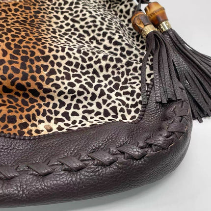 Gucci Jackie Vintage Large Leopard Print Pony-style Calfskin Brown Leather Shoulder Bag