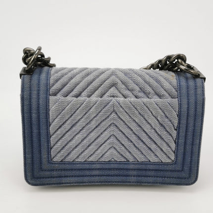 Chanel Le Boy Small Denim Blue Jeans Chevron Stitching Silver Hardware