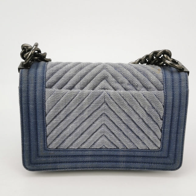 Chanel Le Boy Small Denim Blue Jeans Chevron Stitching Silver Hardware