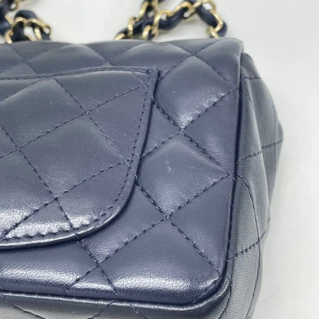 Chanel Classic Flap Mini Rectangular Navy Lambskin Leather Gold Hardware Microchip