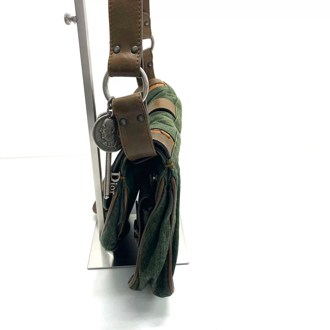 Dior Vintage Gaucho Large Green Denim Brown Leather Crossbody Bag