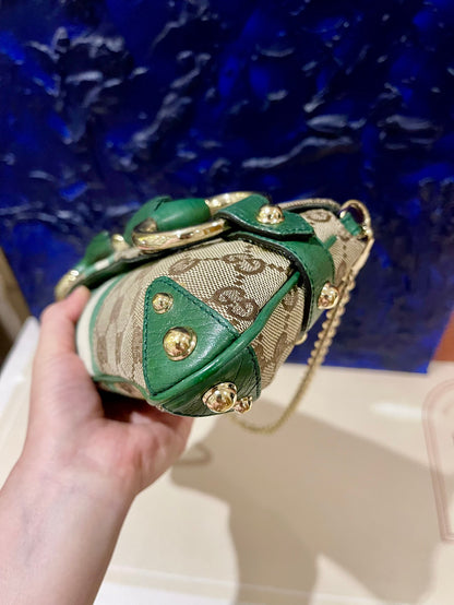 Gucci Horsebit 1955 Chain Bag Gucci Monogram Green Leather and Gold Studs