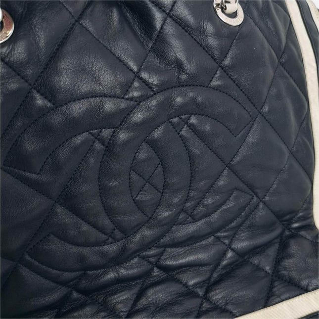 Chanel CC Shopping Tote Medium Cannage Lambskin Leather Navy with White Stripes
