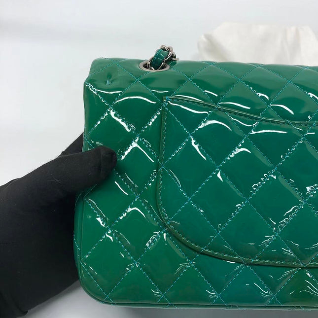 Chanel Classic Flap Medium Teal Blue Green Patent Leather Silver Hardware 2014-15