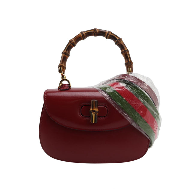Gucci Bamboo 1947 Small Ancora Red Burgundy Calfskin Leather Top Handle Bag