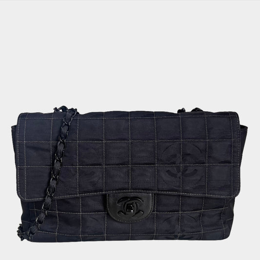 Chanel Black Canvas Classic Flap 2002 Ice Cube Chocolate Bar Shoulder Bag Black Hardware