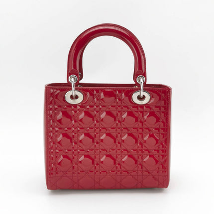 Sold Lady Dior Medium Red Burgundy Patent Leather Handbag Silver Hardware