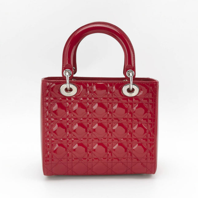 Sold Lady Dior Medium Red Burgundy Patent Leather Handbag Silver Hardware