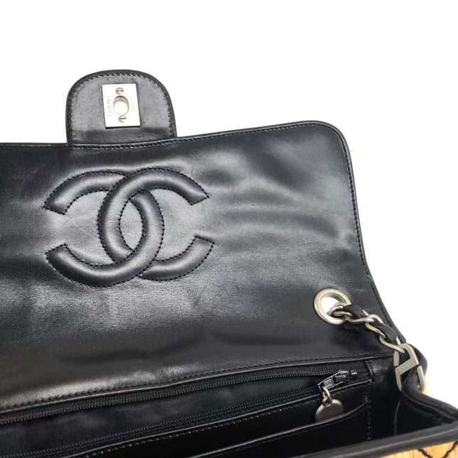 Chanel Medium Straw Wicker Flap Bag Black Diamond Wild Stitch