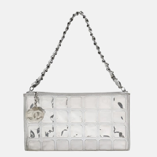 Chanel Ice Cube Chocolate Bar Clutch Metallic Silver PVC with Leather Shoulder Bag-Luxbags