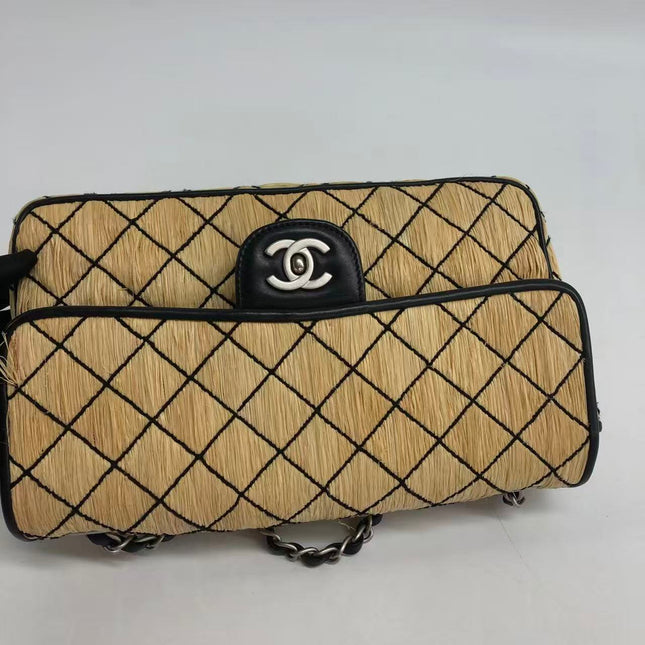 Chanel Medium Straw Wicker Flap Bag Black Diamond Wild Stitch
