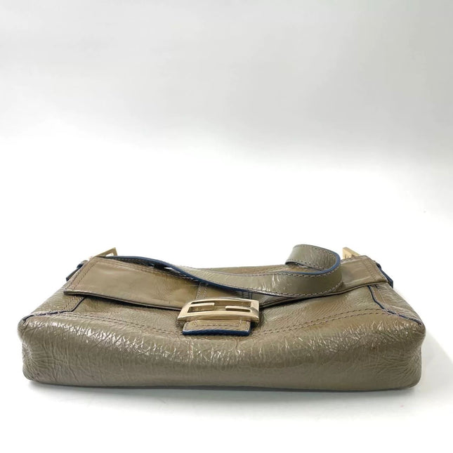 Fendi Baguette Dark Green Crinkled Patent Leather Shoulder Bag