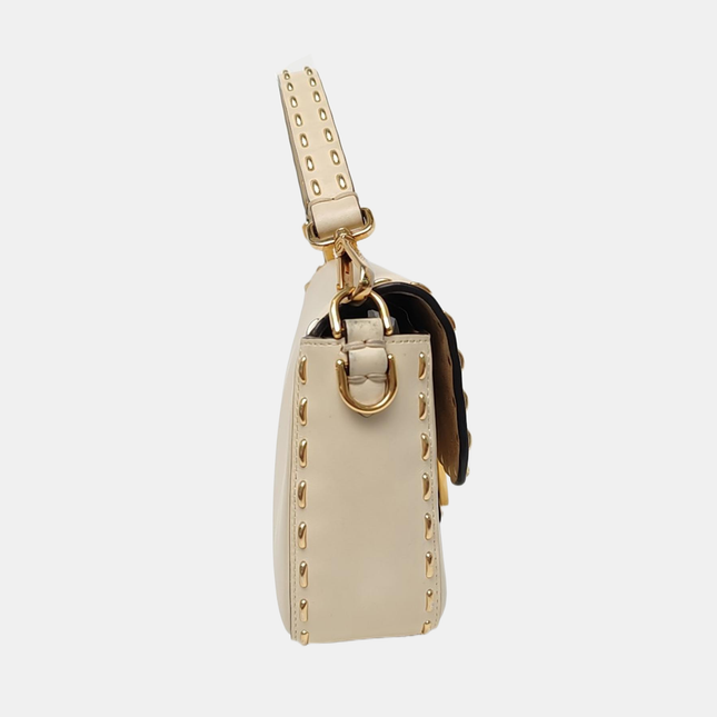 Fendi Baguette Selleria Medium White Calfskin Leather Gold Studs Crossbody Bag