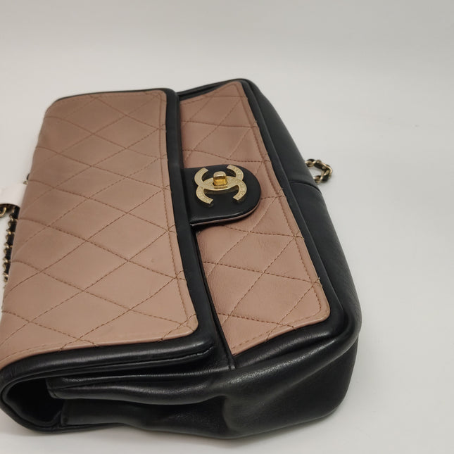 Chanel Classic Flap Bag Calfskin Leather 2014 Medium Nude Pink with Black Trim