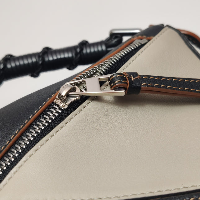 Loewe Puzzle Small Tricolor Black Grey Calfskin Leather Braided Handle Crossbody Bag