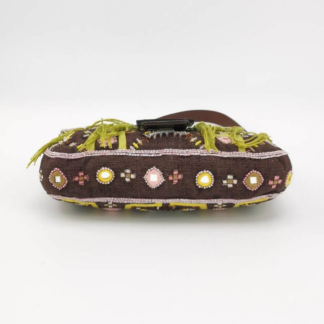 Fendi Baguette Vintage Brown Canvas with embroidery sequins mirrors and tassels