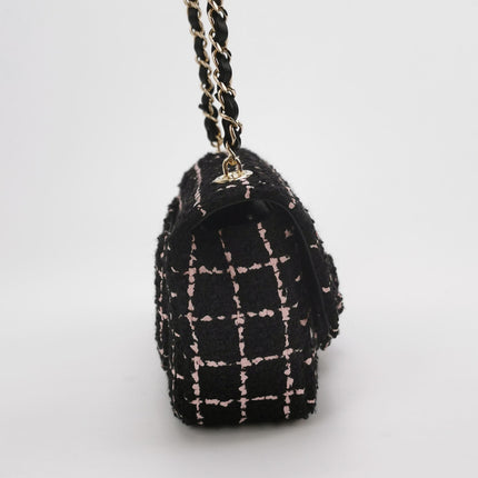 Chanel Mini Rectangular Tweed Flap Bag Black Pink Camellia Single Chain Crossbody