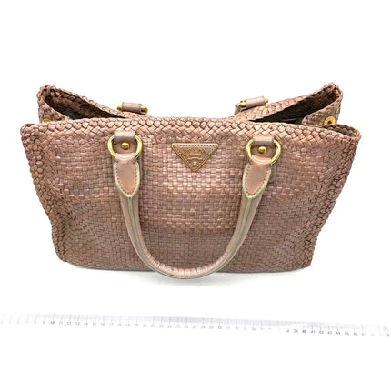 Prada Madras Brown Woven Leather Top Handle Shopping Tote Medium